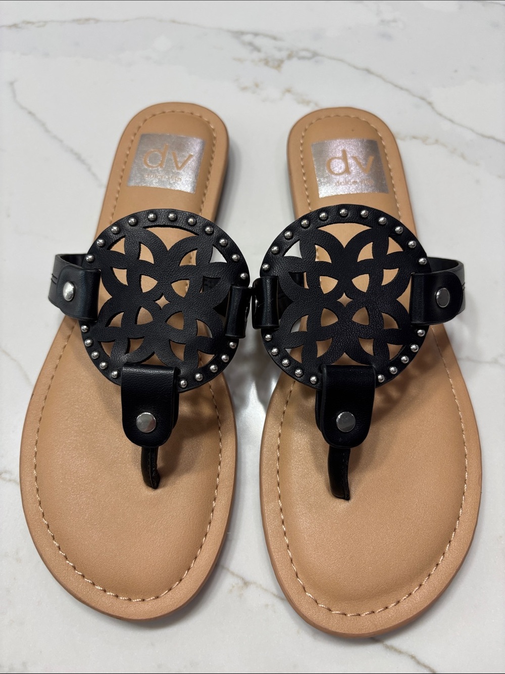 DV by Dolce Vita Black Laser-Cut Medallion Toe-Post Sandals